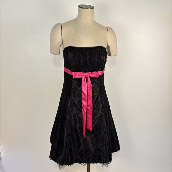 VTG Gunne Sax Jessica McClintock Black Pink Strapless Party Dress Lace Bow Prom - Picture 1 of 9